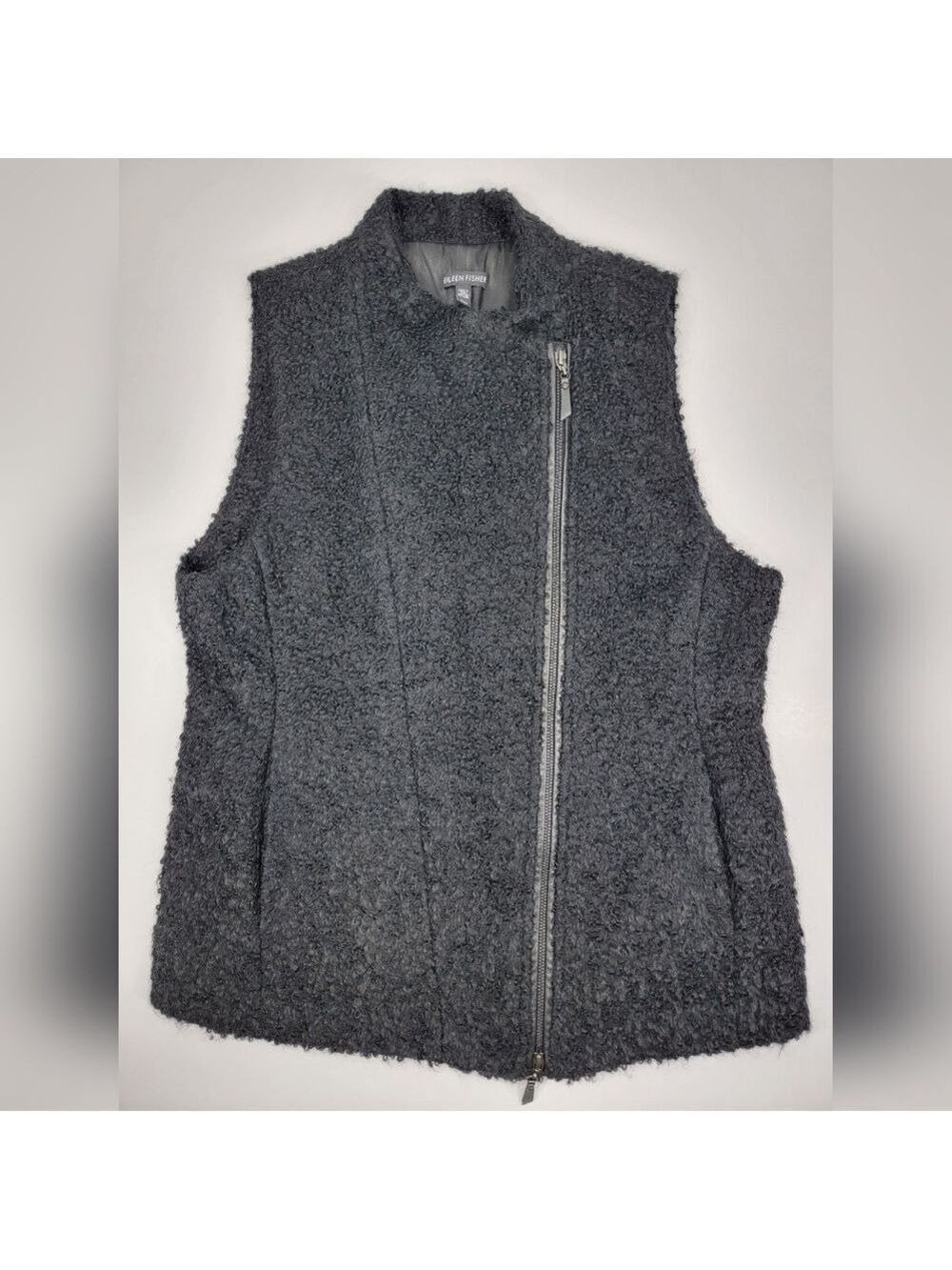 Eileen Fisher Sheared Suri Alpaca Wool Blend Vest Medium Black Lined Full Zip
